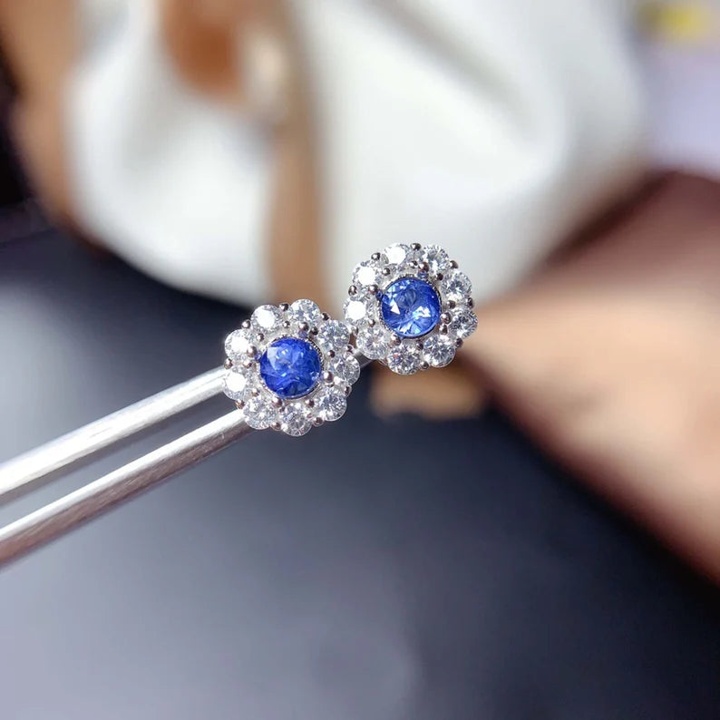 Blue Floral Halo Stud Earrings