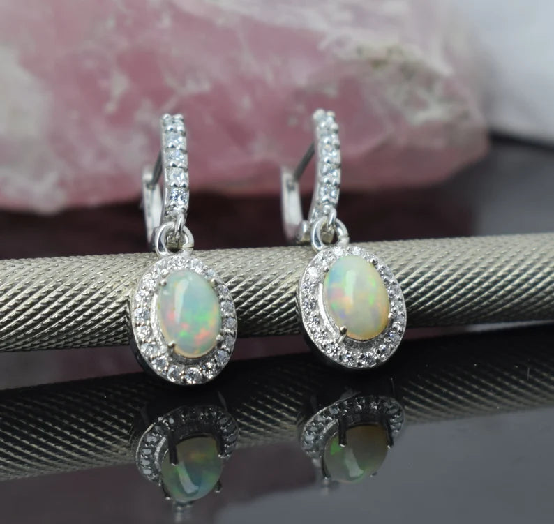 Elegant Sterling Silver Opal Halo Drop Earrings