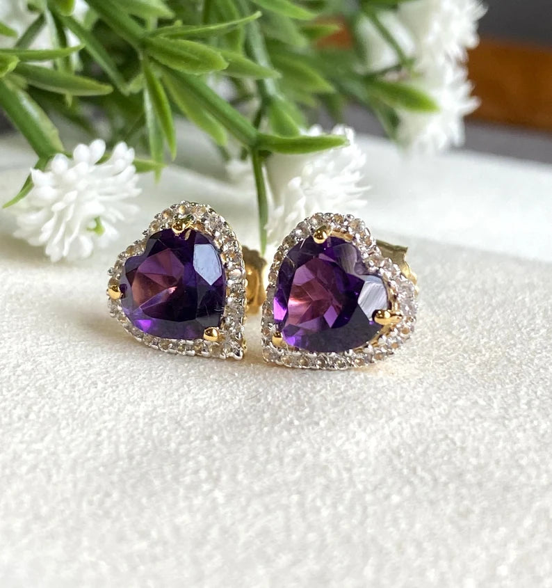 Amethyst Heart Stud Earrings
