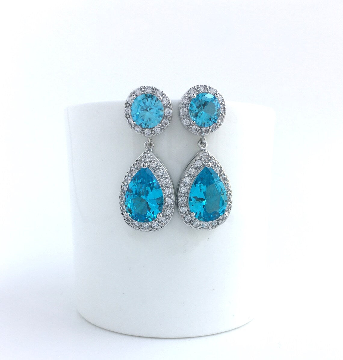 "Blue Lagoon Teardrop Halo Sterling Silver Jewelry Set"