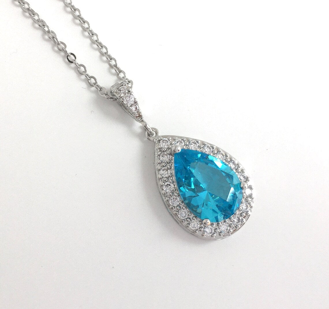 "Blue Lagoon Teardrop Halo Sterling Silver Jewelry Set"