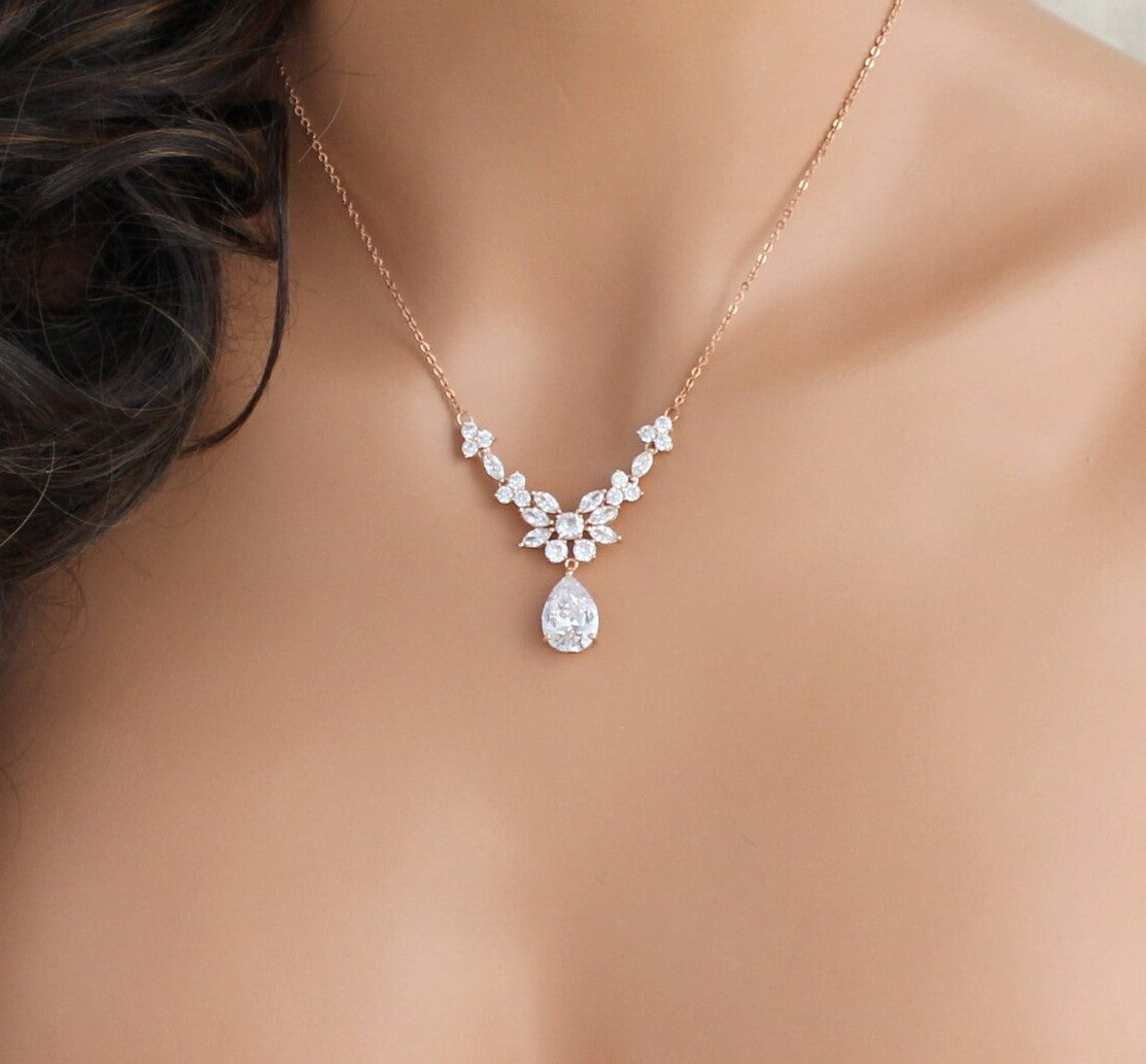 "Rose Gold Floral Teardrop Sterling Silver Jewelry Set"