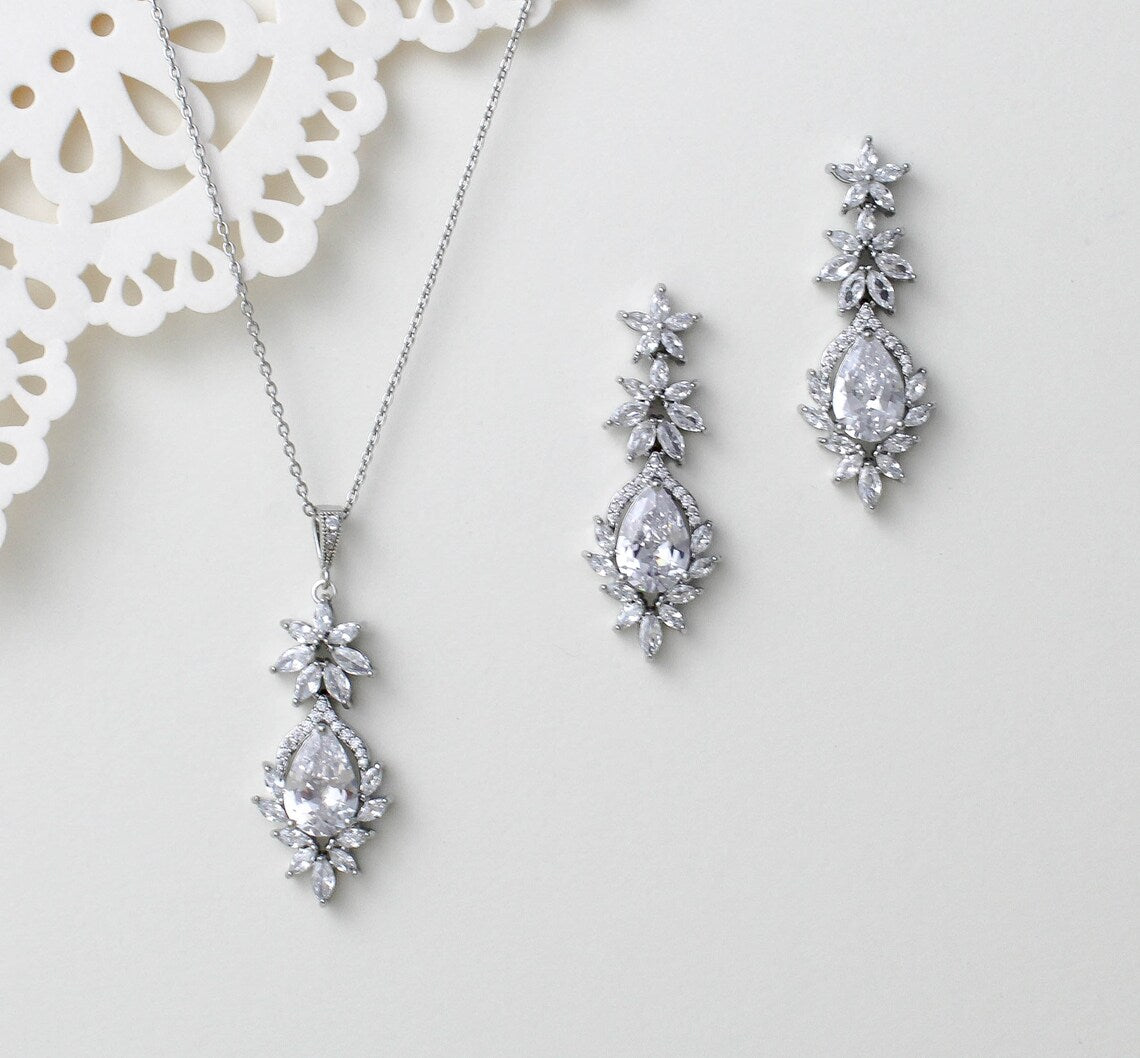"Rose Gold Marquise Floral Teardrop Sterling Silver Jewelry Set"