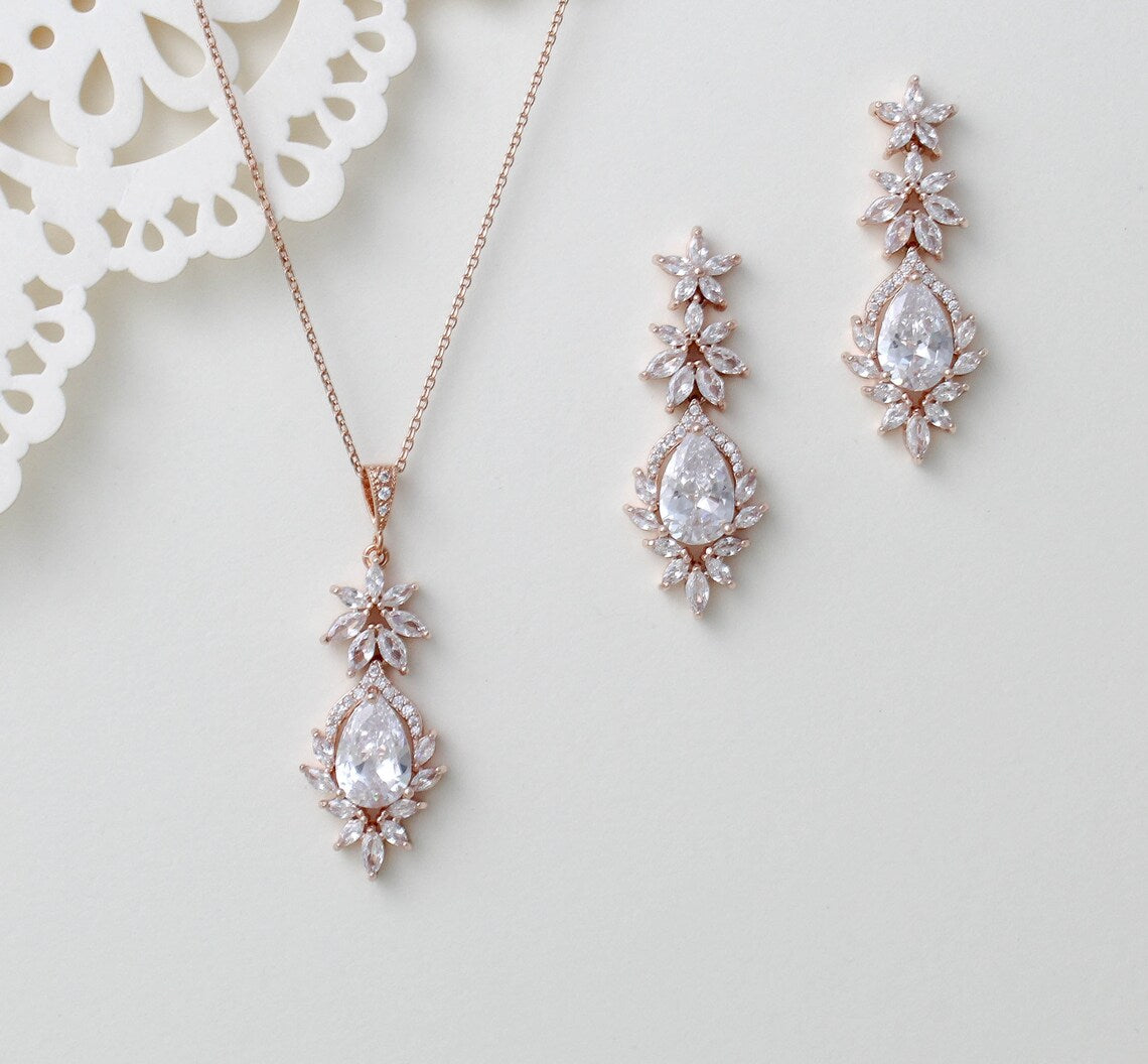 "Rose Gold Marquise Floral Teardrop Sterling Silver Jewelry Set"