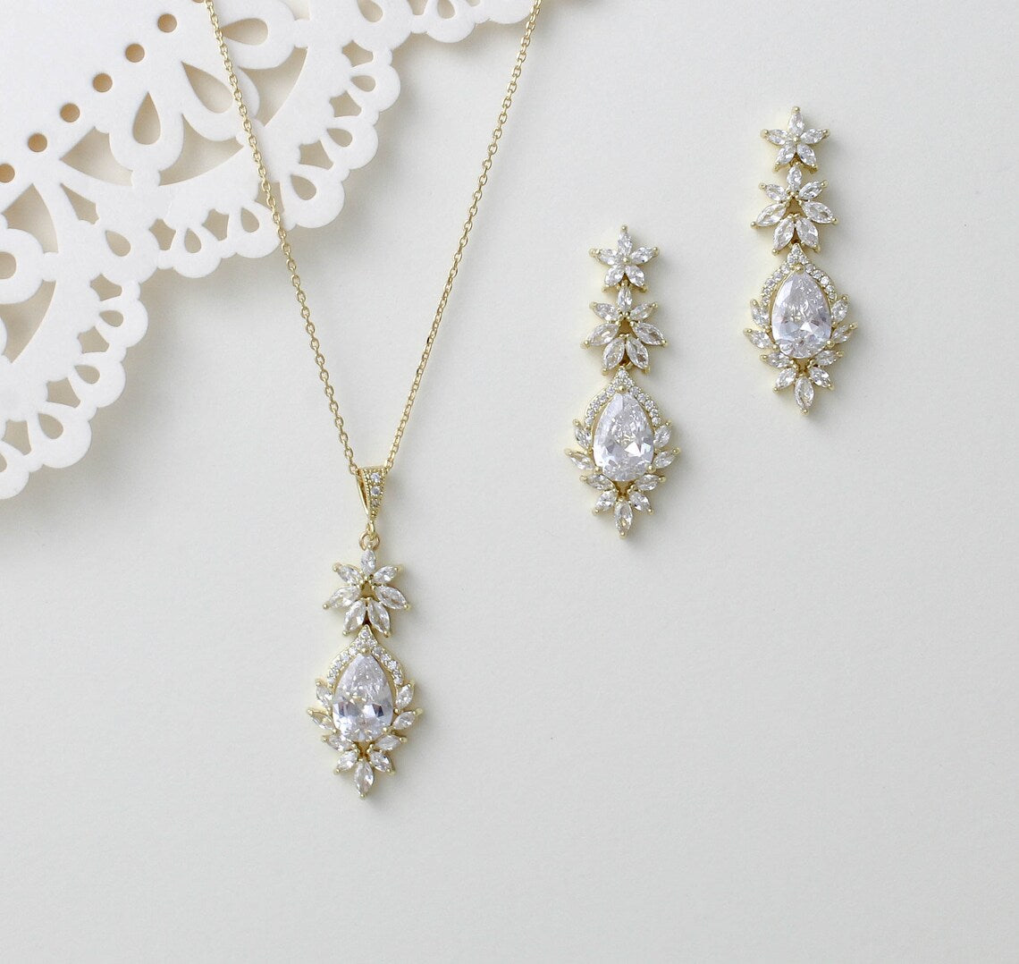 "Rose Gold Marquise Floral Teardrop Sterling Silver Jewelry Set"