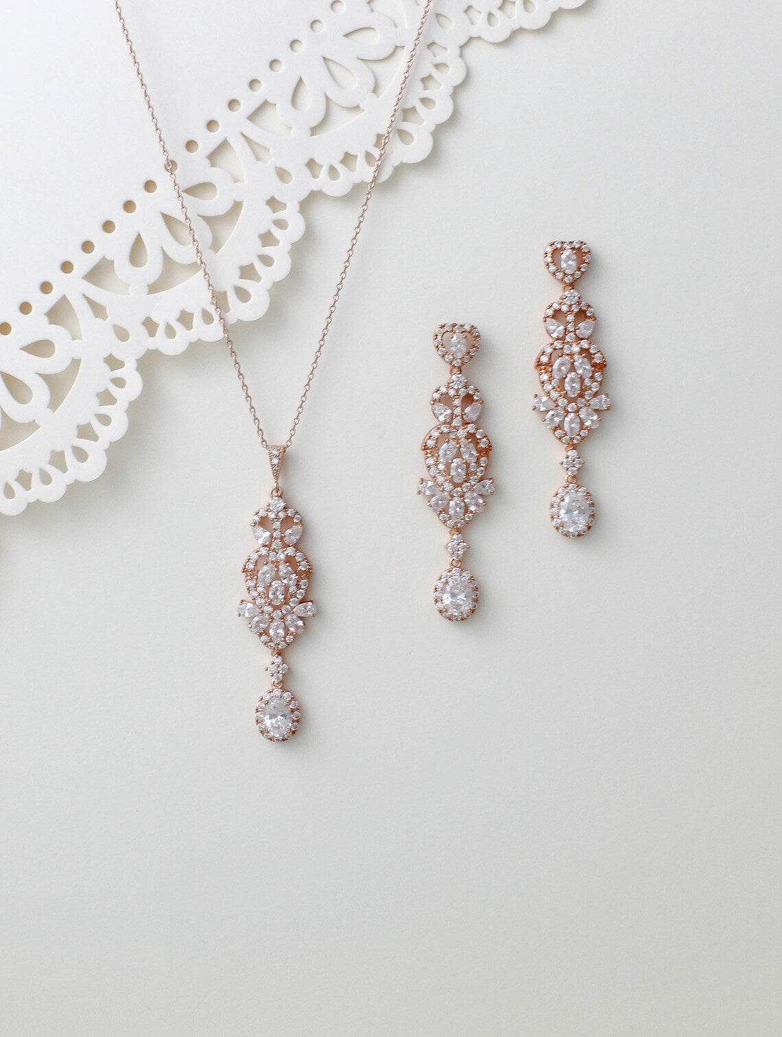 Vintage-Inspired Rose Gold Plated Bridal Necklace & Earrings Set