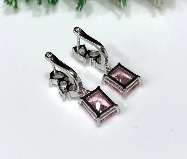 "Radiant Pink Gemstone Drop Earrings with Marquise Accents"