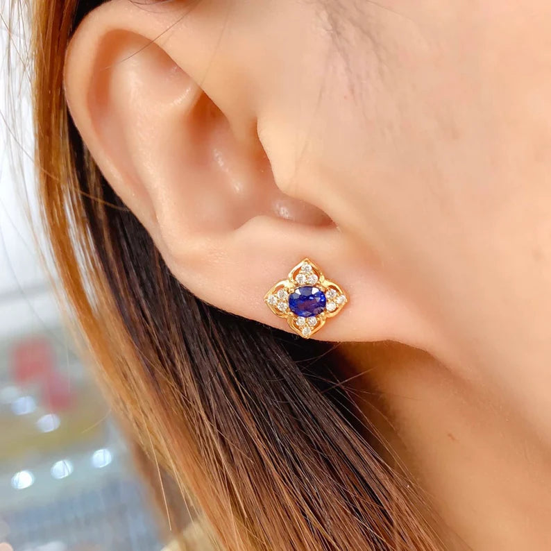 Blue Sapphire Floral Halo Stud Earrings