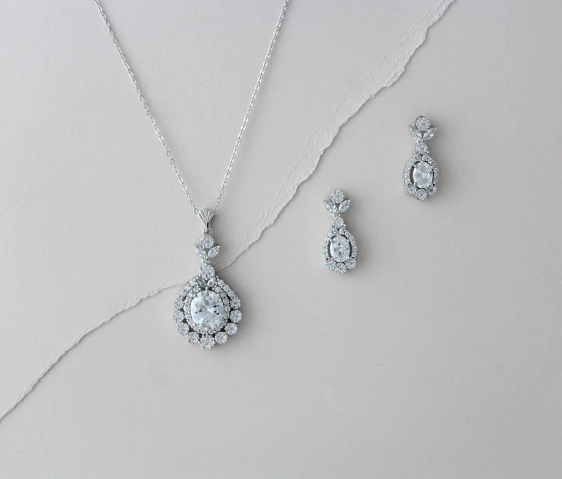 Teardrop Halo Pendant & Earrings Set"