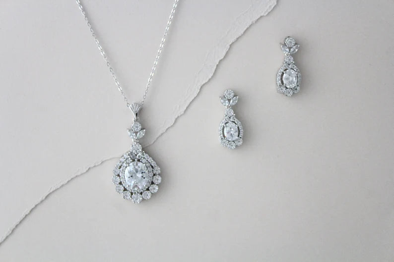 Teardrop Halo Pendant & Earrings Set"