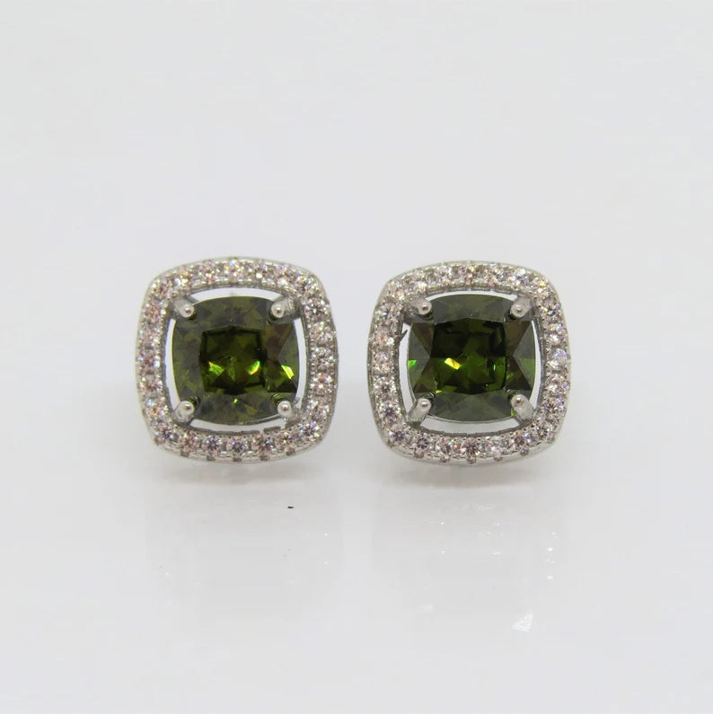 Cushion-Cut Green Gemstone Halo Stud Earrings