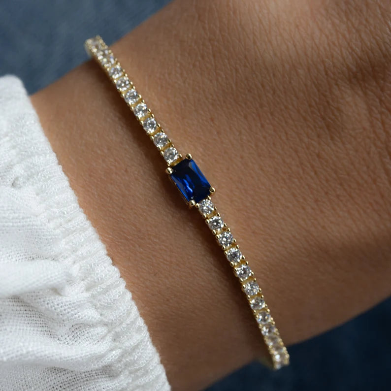 Silver Bracelet with Sapphire-Blue Emerald-Cut Stone