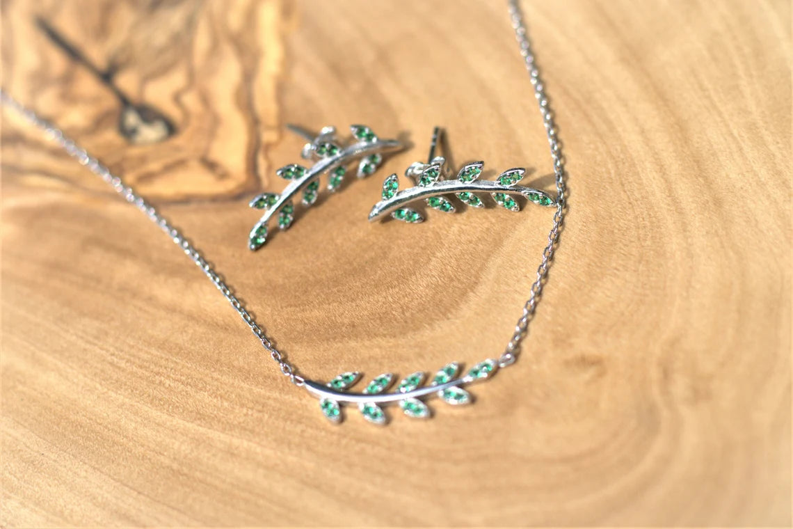 "Emerald Green Leaf Necklace & Earrings Set