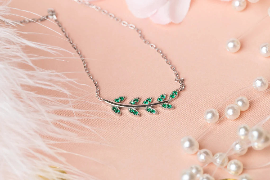 "Emerald Green Leaf Necklace & Earrings Set