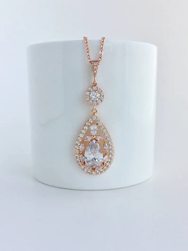 "Rose Gold Teardrop Halo Necklace & Earrings Set