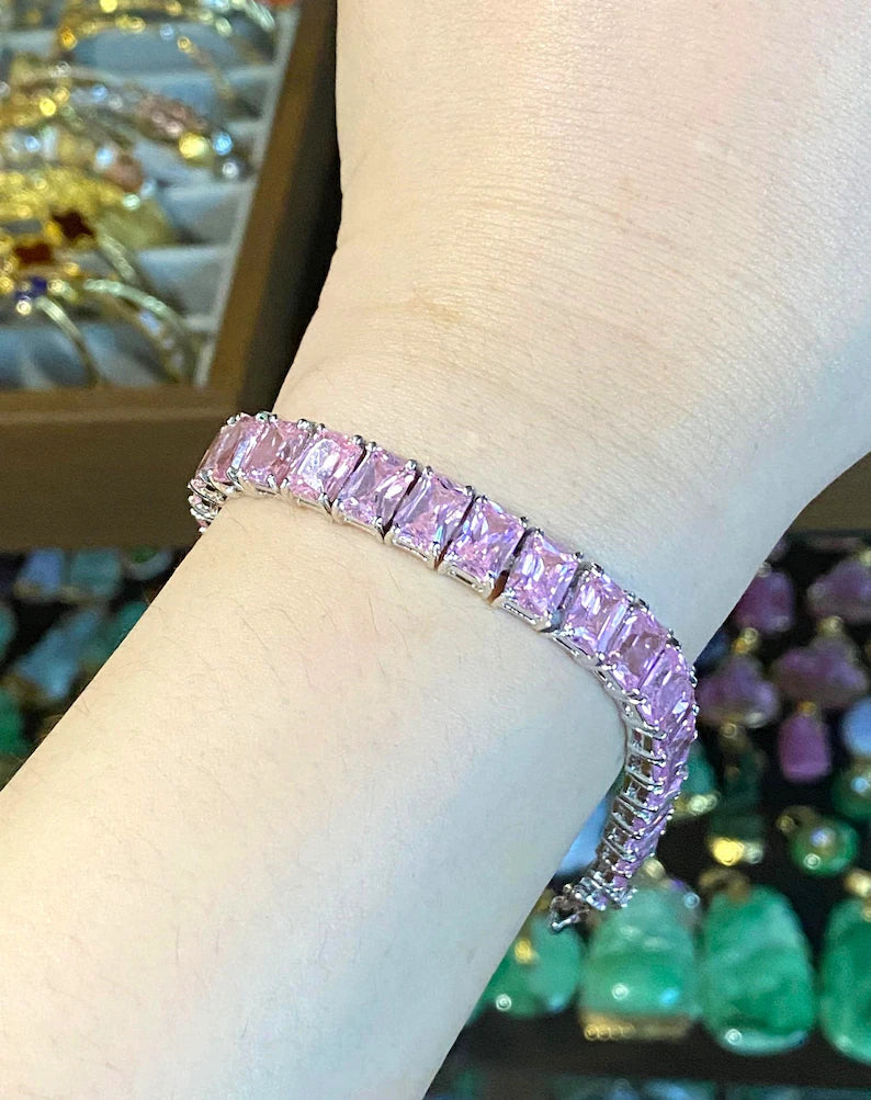 Elegant Pink Emerald-Cut Gemstone Tennis Bracelet