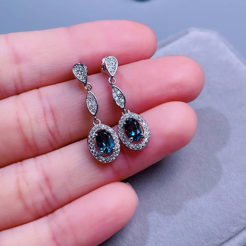 Blue Halo Drop Earrings with Pave Accents