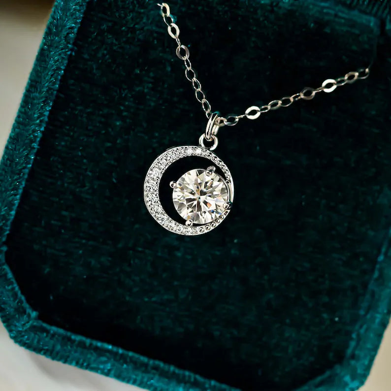 Crescent Moon Pendant with Sparkling Round Solitaire