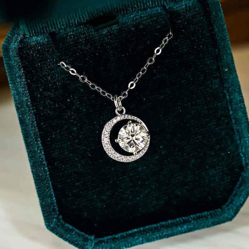Crescent Moon Pendant with Sparkling Round Solitaire