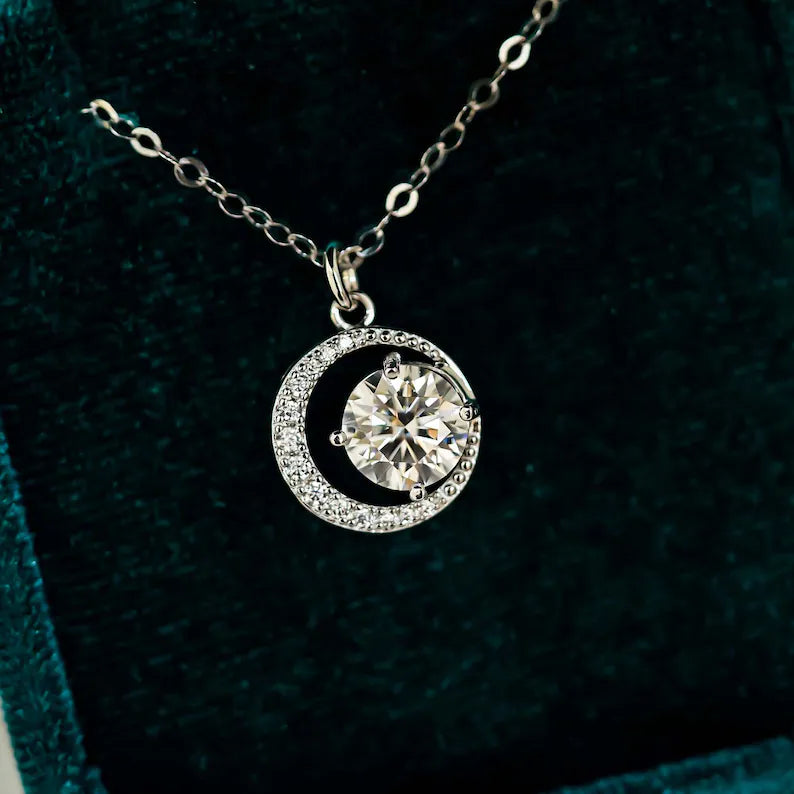 Crescent Moon Pendant with Sparkling Round Solitaire