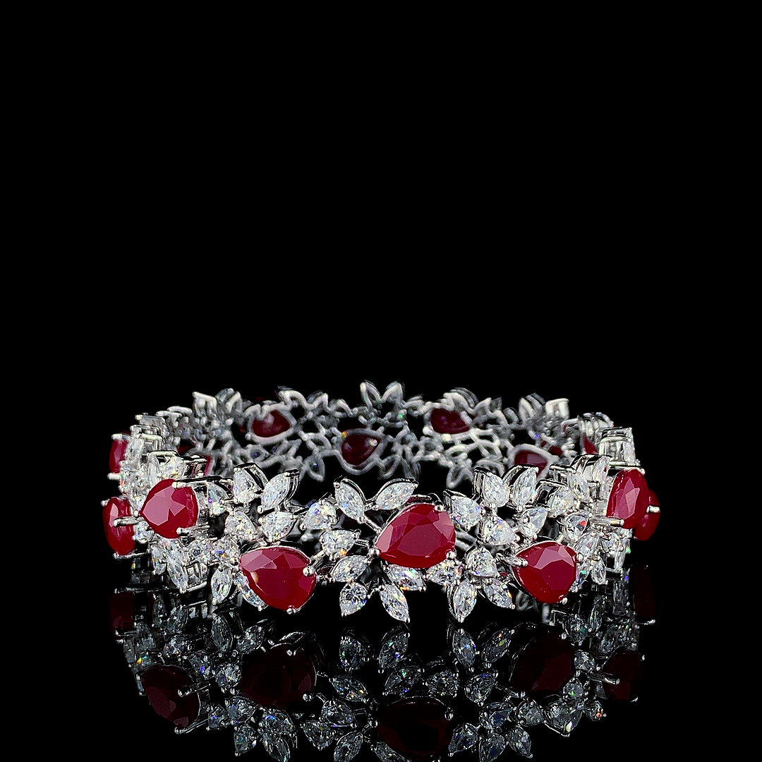Red Gemstone Floral Bangle - Statement Luxury