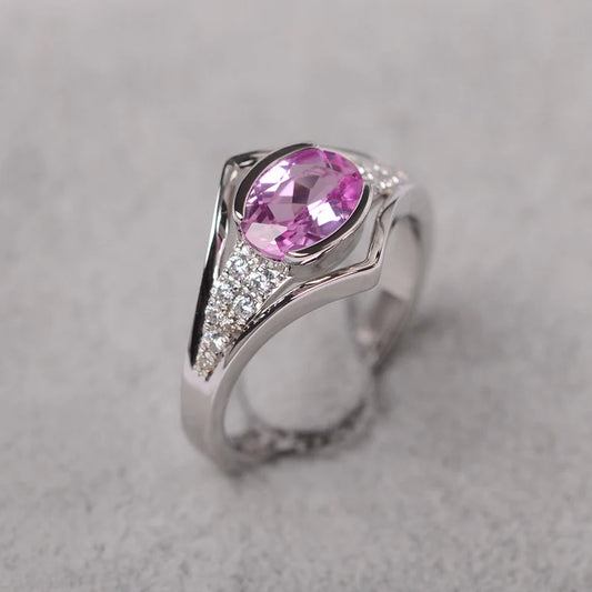 Oval-Cut Pink Gemstone Ring with Pave Accents