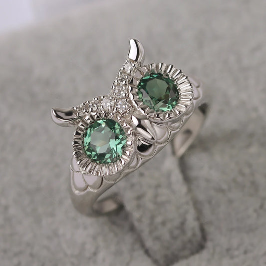 Owl Design Ring with Green Gemstone Eyes"